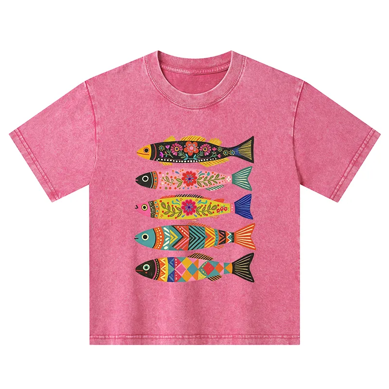 Tokyo-Tiger Colorful Patterned Fish Kids Washed T-Shirt