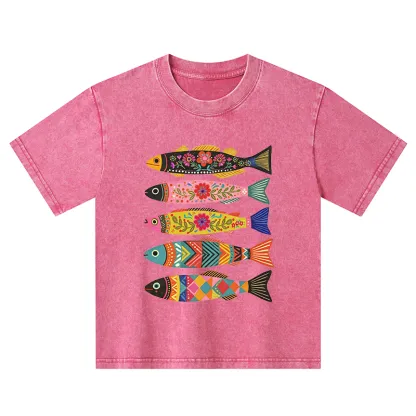 Tokyo-Tiger Colorful Patterned Fish Kids Washed T-Shirt