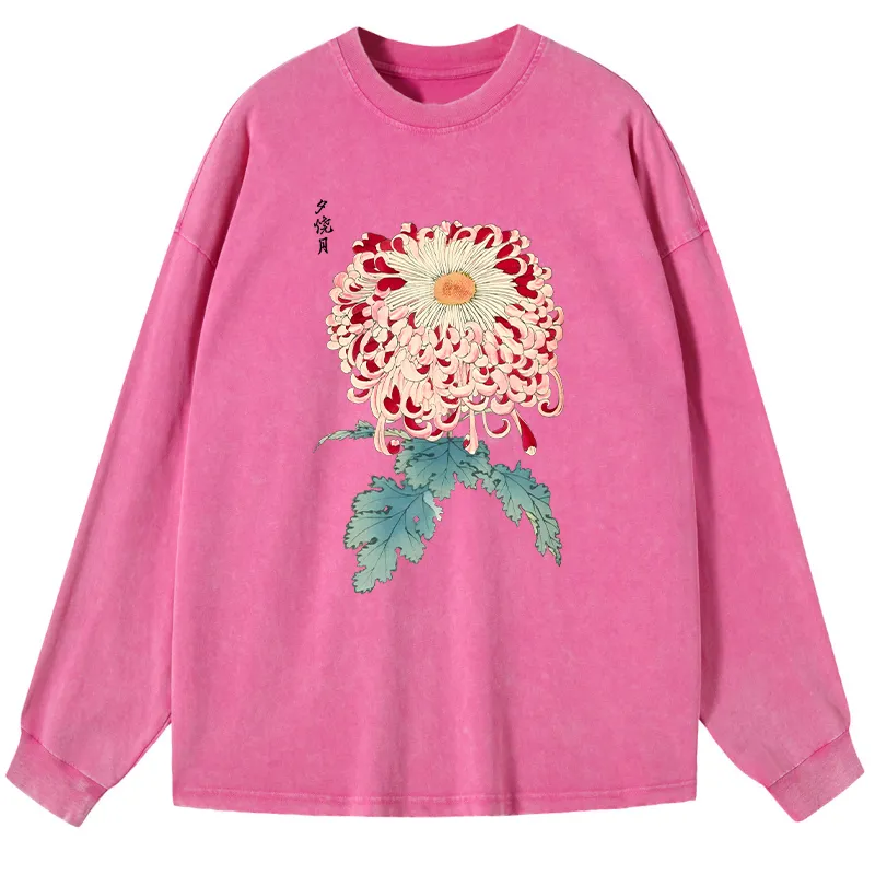 Tokyo-Tiger Vintage Chrysanthemum Art Washed Long Sleeve T-Shirt