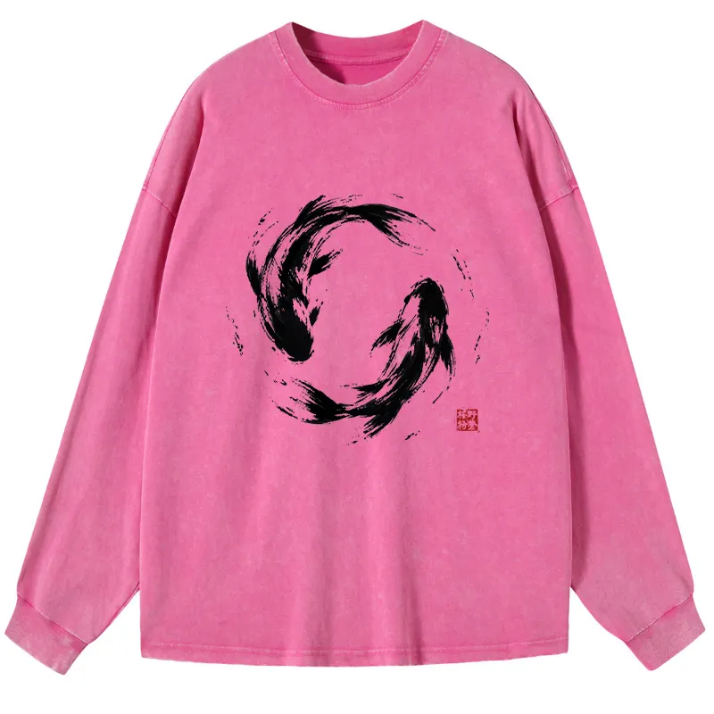 Tokyo-Tiger Ink Koi Fish Circle Washed Long Sleeve T-Shirt