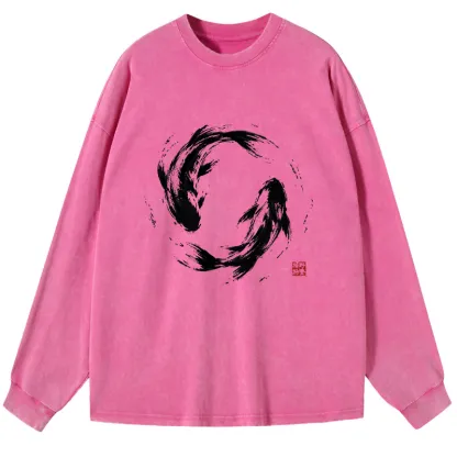 Tokyo-Tiger Ink Koi Fish Circle Washed Long Sleeve T-Shirt
