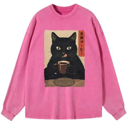 Tokyo-Tiger Vintage Black Cat Coffee Art Washed Long Sleeve T-Shirt
