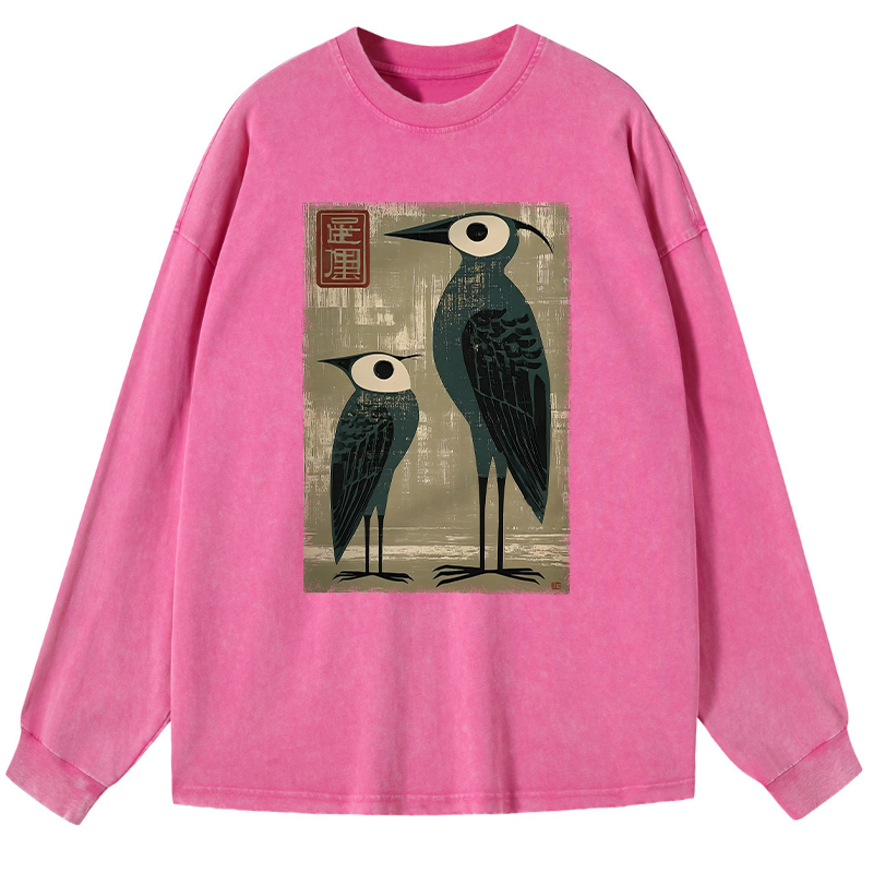 Tokyo-Tiger Retro Two Birds Art Washed Long Sleeve T-Shirt