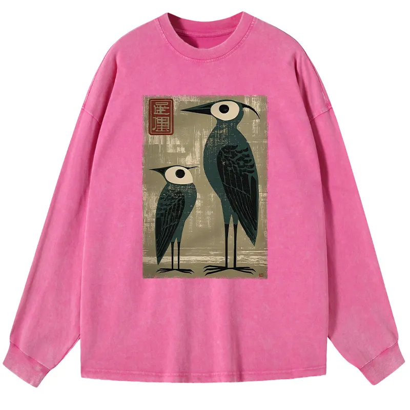 Tokyo-Tiger Retro Two Birds Art Washed Long Sleeve T-Shirt