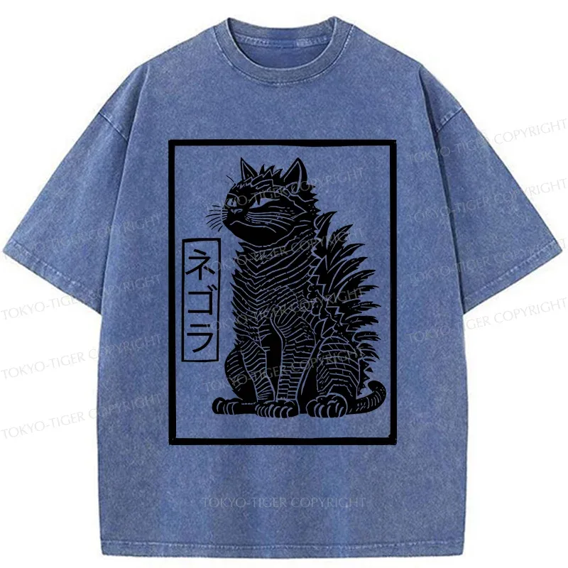 Tokyo-Tiger Fierce Catzilla Funny Washed T-Shirt