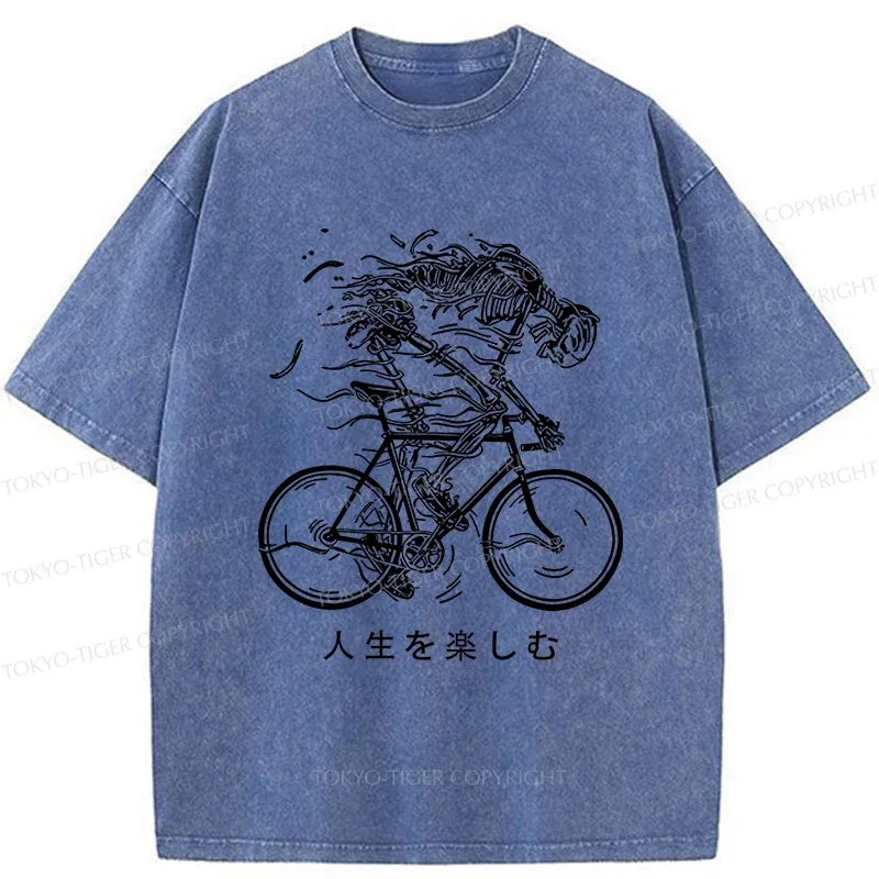 Tokyo-Tiger Skeleton Riding A Bicycle Washed T-Shirt