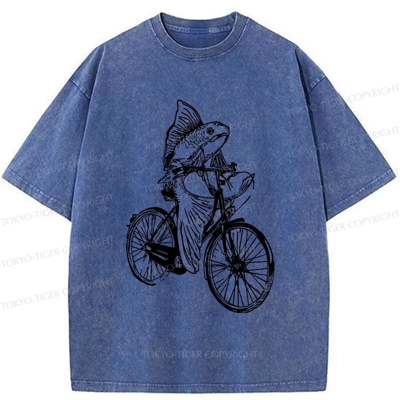 Tokyo-Tiger Funny Fish Riding A Bicycle Washed T-Shirt