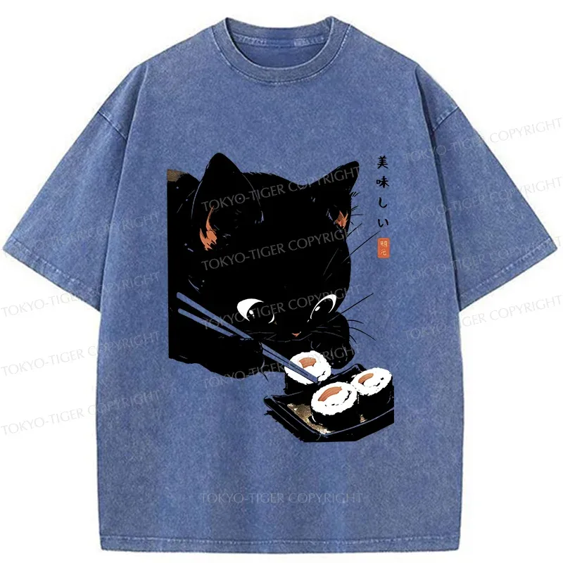 Tokyo-Tiger Cat Eating Rice Balls Washed T-Shirt