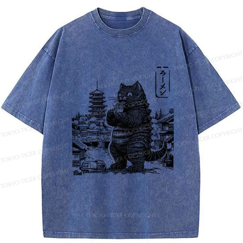 Tokyo-Tiger Ramen Lover Cat Monster Washed T-Shirt