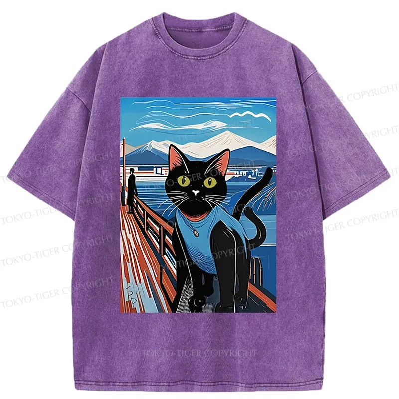 Tokyo-Tiger Cat On The Fence Washed T-Shirt