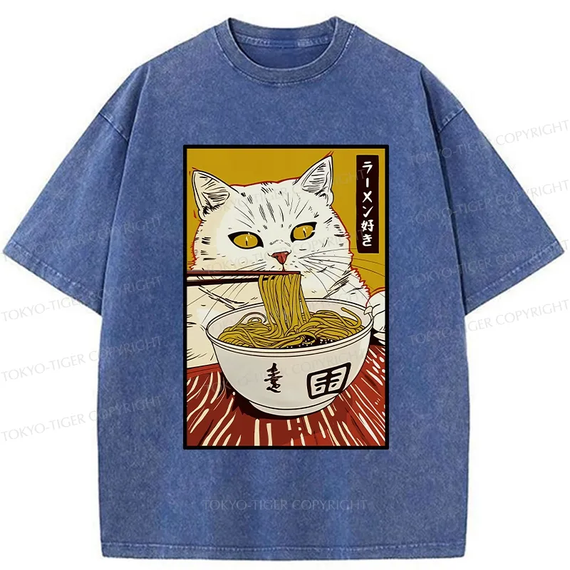 Tokyo-Tiger Cute Cat Ramen Lover Washed T-Shirt