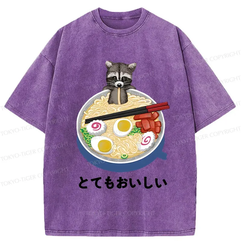 Tokyo-Tiger Raccoon Eating Ramen Washed T-Shirt