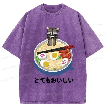Tokyo-Tiger Raccoon Eating Ramen Washed T-Shirt