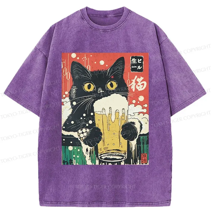 Tokyo-Tiger Cat Drinking Beer Funny Washed T-Shirt