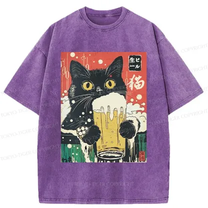 Tokyo-Tiger Cat Drinking Beer Funny Washed T-Shirt