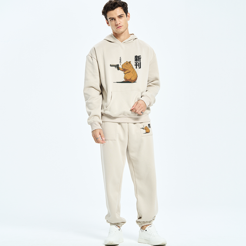 Tokyo-Tiger Capybara Holding A Gun Fleece Lined Hoodie Set
