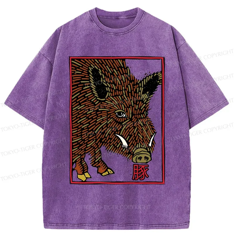 Tokyo-Tiger Woodcut Pig Washed T-Shirt