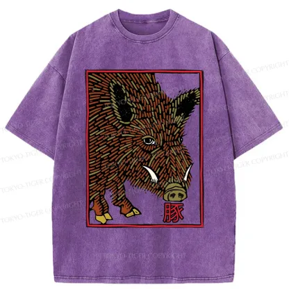 Tokyo-Tiger Woodcut Pig Washed T-Shirt