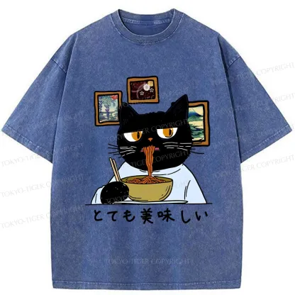 Tokyo-Tiger Cat Eating Delicious Ramen Washed T-Shirt