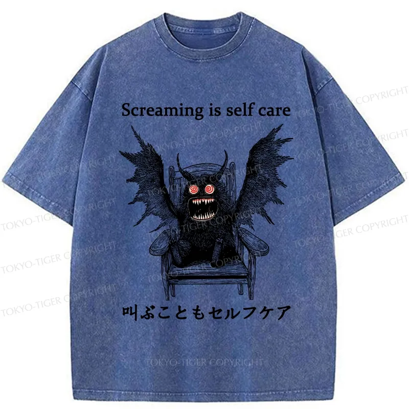 Tokyo-Tiger Screaming Is Self Care Washed T-Shirt