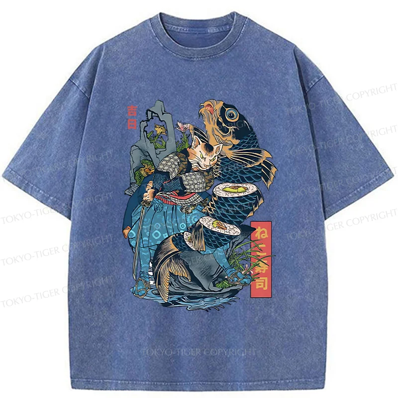 Tokyo-Tiger Funny Cat Kills Fish Washed T-Shirt