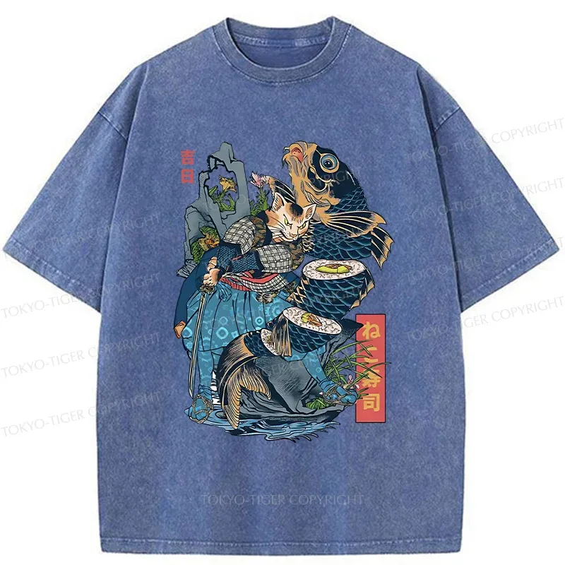 Tokyo-Tiger Funny Cat Kills Fish Washed T-Shirt