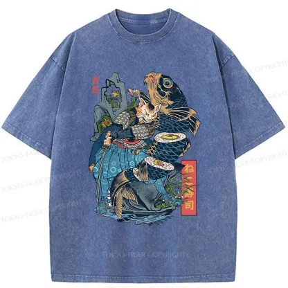 Tokyo-Tiger Funny Cat Kills Fish Washed T-Shirt