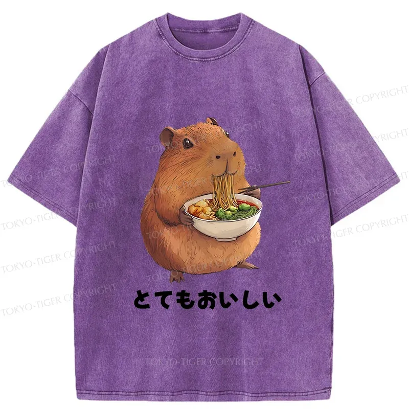 Tokyo-Tiger Capybara Eating Japanese Ramen Washed T-Shirt