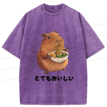 Tokyo-Tiger Capybara Eating Japanese Ramen Washed T-Shirt