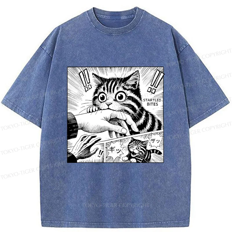 Tokyo-Tiger Cat Biting Funny Washed T-Shirt