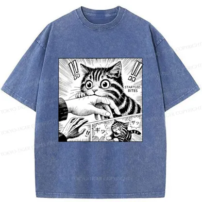 Tokyo-Tiger Cat Biting Funny Washed T-Shirt