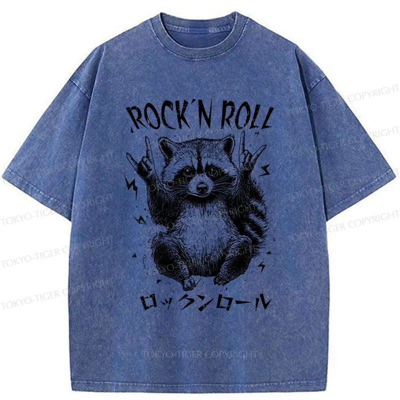 Tokyo-Tiger Funny Raccoon Rock And Roll Washed T-Shirt