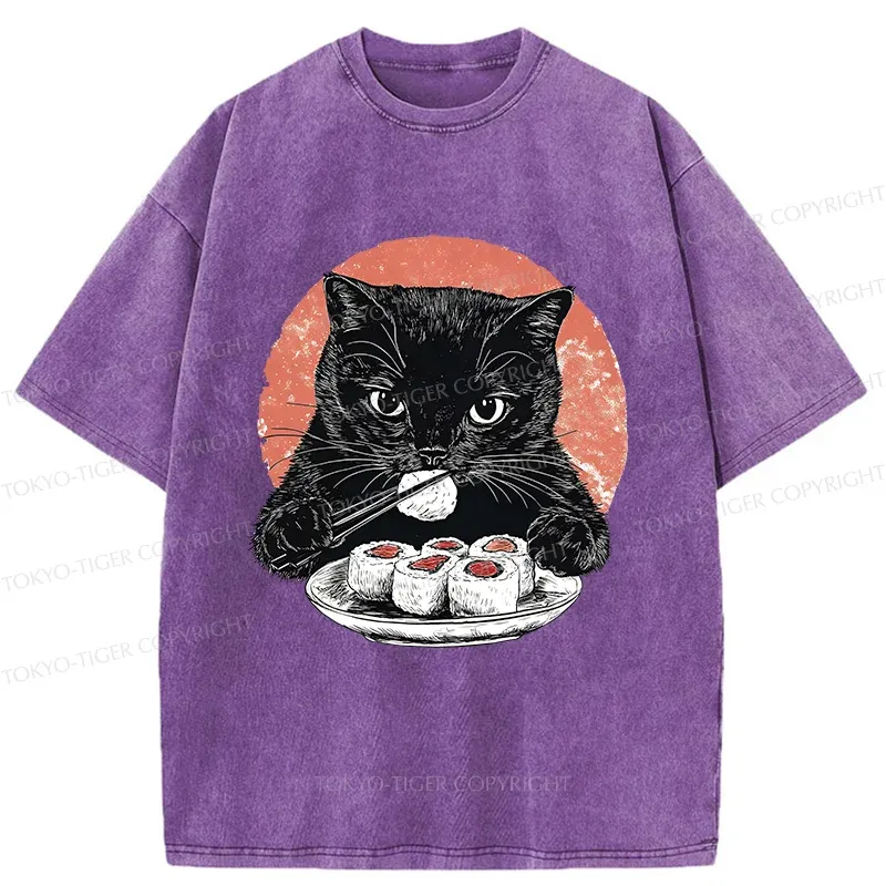 Tokyo-Tiger Cat Eating Delicious Sushi Washed T-Shirt