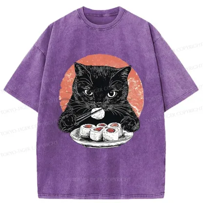 Tokyo-Tiger Cat Eating Delicious Sushi Washed T-Shirt