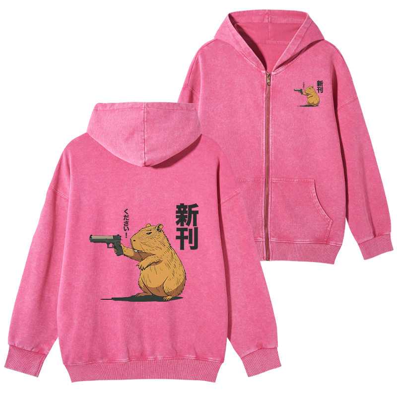 Tokyo-Tiger Capybara Holding A Gun Washed Zip Hoodie