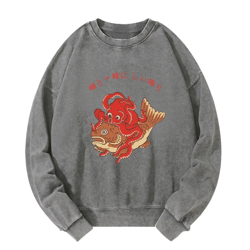 Tokyo-Tiger Octopus And Koi Dance Together Washed Sweatshirt