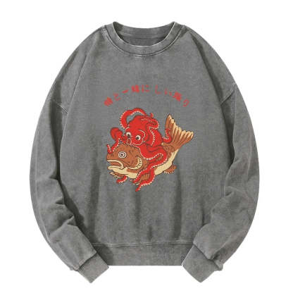 Tokyo-Tiger Octopus And Koi Dance Together Washed Sweatshirt