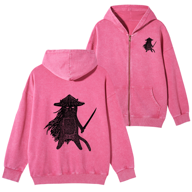 Tokyo-Tiger Japanese Samurai Cat Washed Zip Hoodie