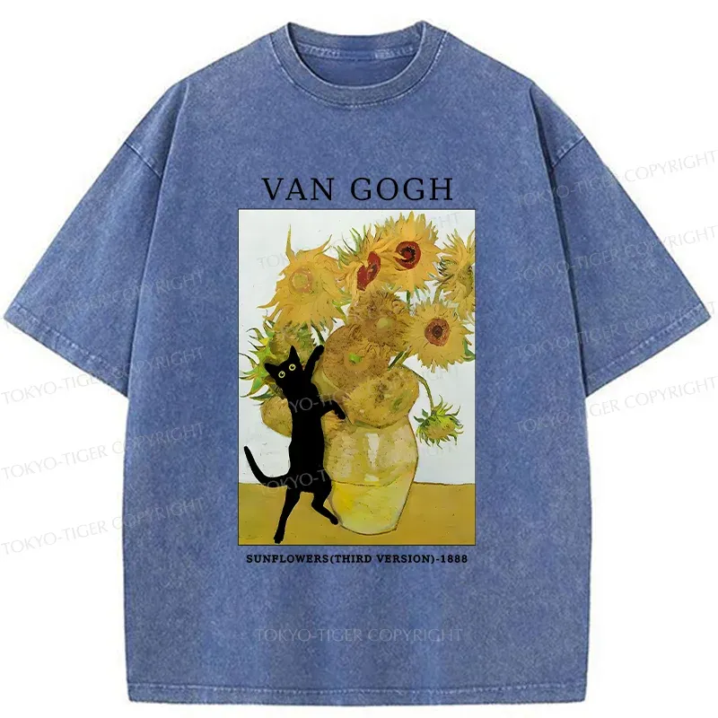 Tokyo-Tiger Cat Plays With Sunflowers Washed T-Shirt