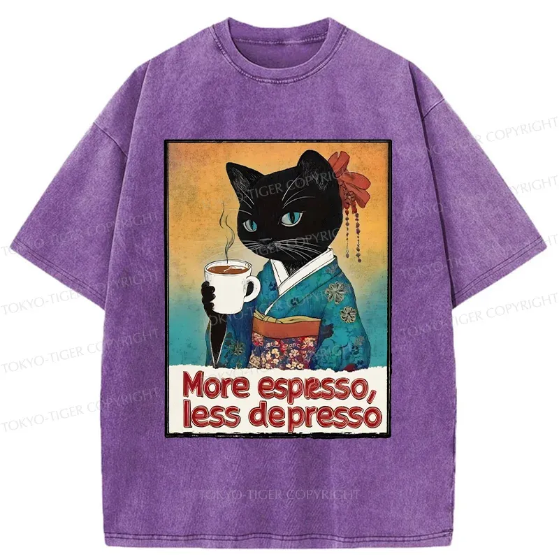 Tokyo-Tiger Japanese Cat Drinking Espresso Washed T-Shirt