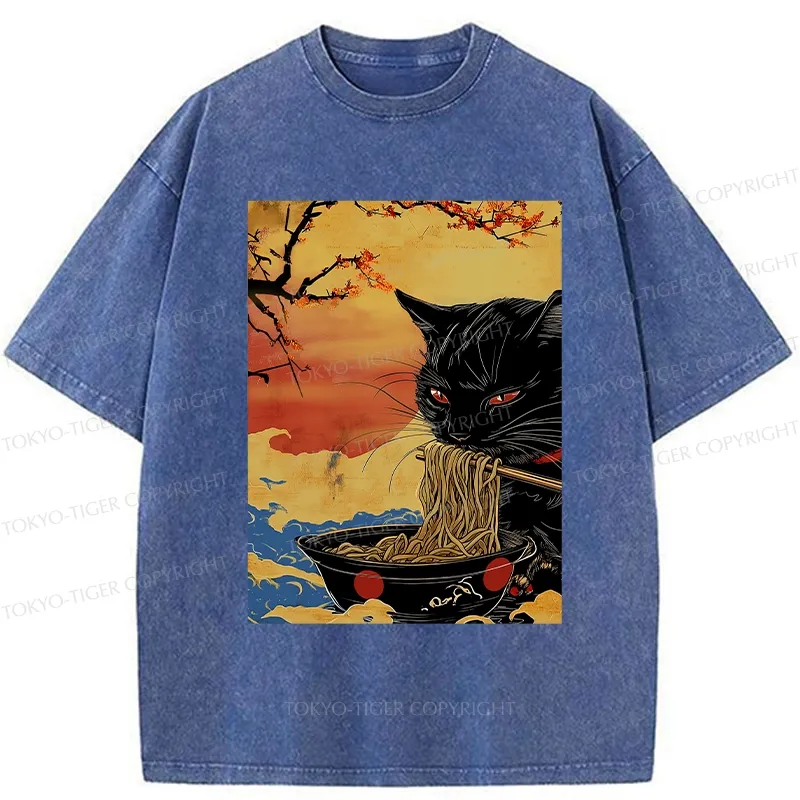 Tokyo-Tiger Cat Eating Ramen In The Sunset Washed T-Shirt