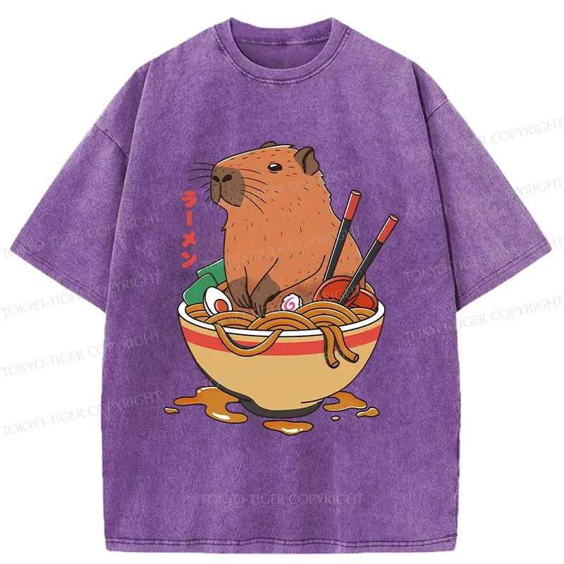 Tokyo-Tiger Capybara Ramen Funny Washed T-Shirt