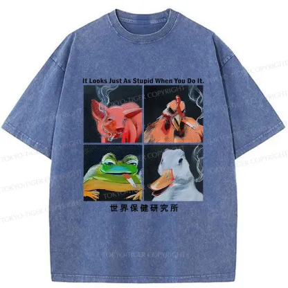 Tokyo-Tiger Smoking Animals Funny Washed T-Shirt