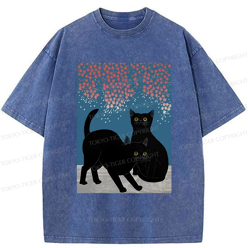 Tokyo-Tiger Black Cat Under The Sakura Washed T-Shirt