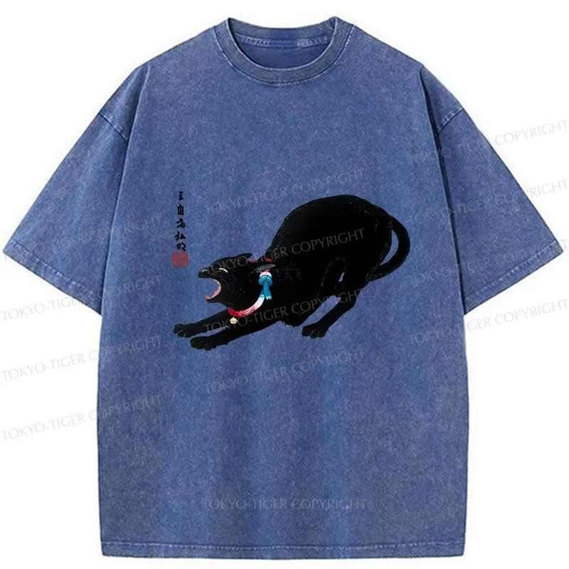Tokyo-Tiger Cat Stretching Washed T-Shirt
