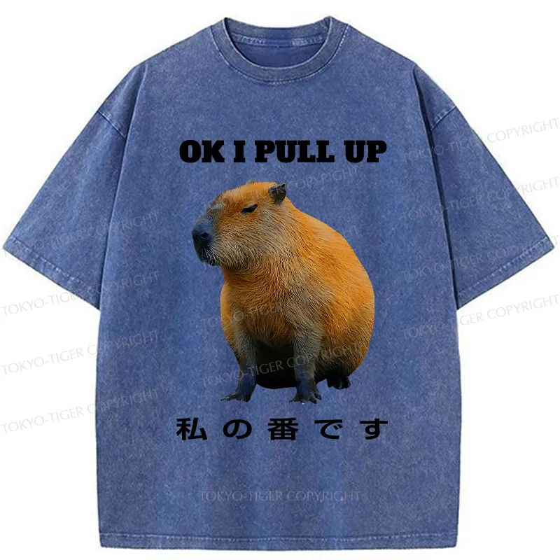 Tokyo-Tiger Ok I Pull Up Funny Capybara Washed T-Shirt