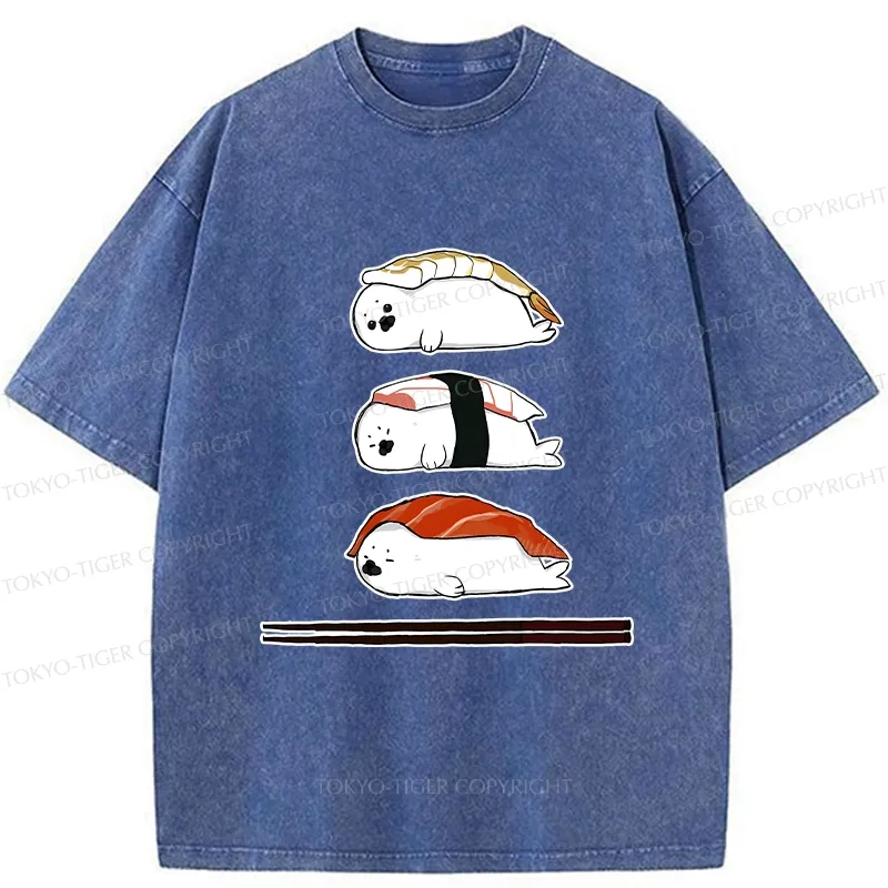 Tokyo-Tiger Cute Seal Sushi Washed T-Shirt