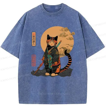 Tokyo-Tiger Retro Cat Samurai Washed T-Shirt