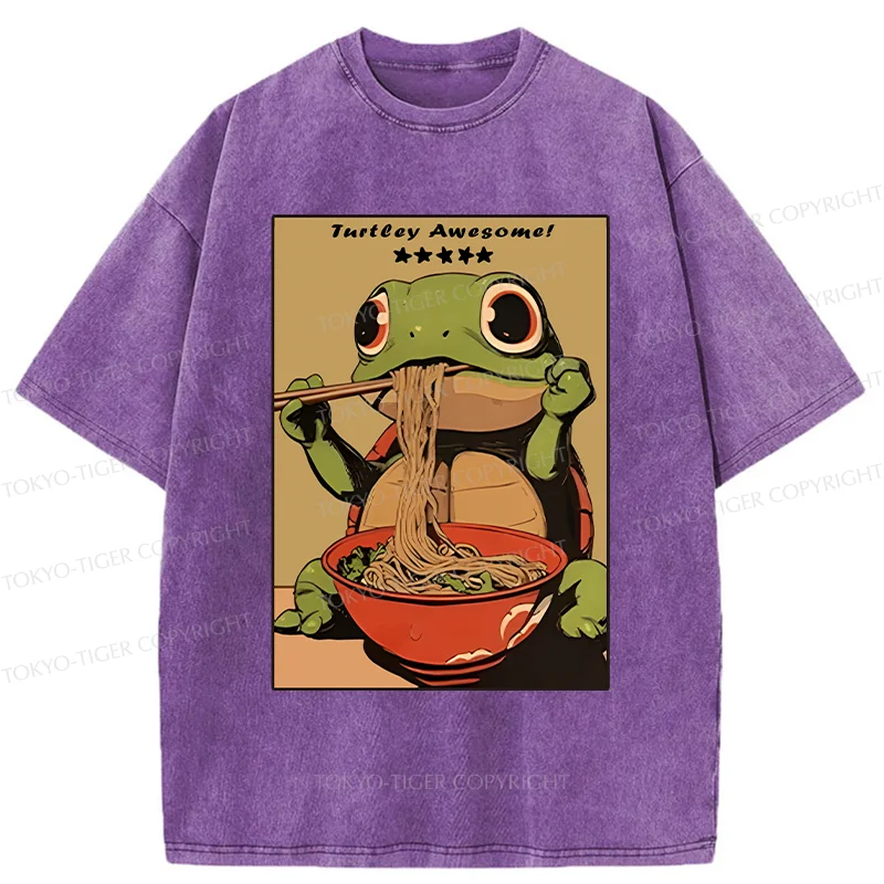 Tokyo-Tiger Turtle Eating Ramen Washed T-Shirt