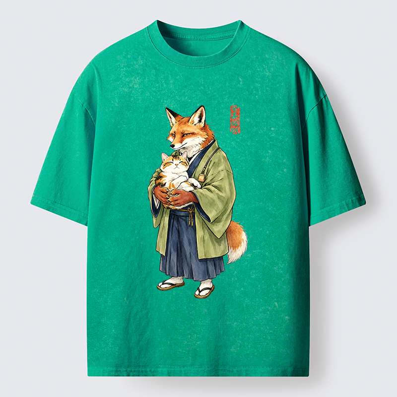 Tokyo‑Tiger Kimono Fox Holding Cat Washed T‑Shirt